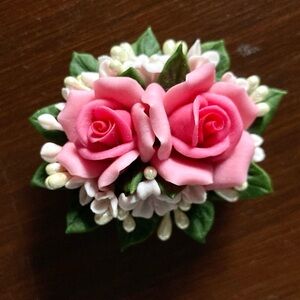 Vintage Clay Rose Bouquet Brooch w/ Faux Pearls Handmade